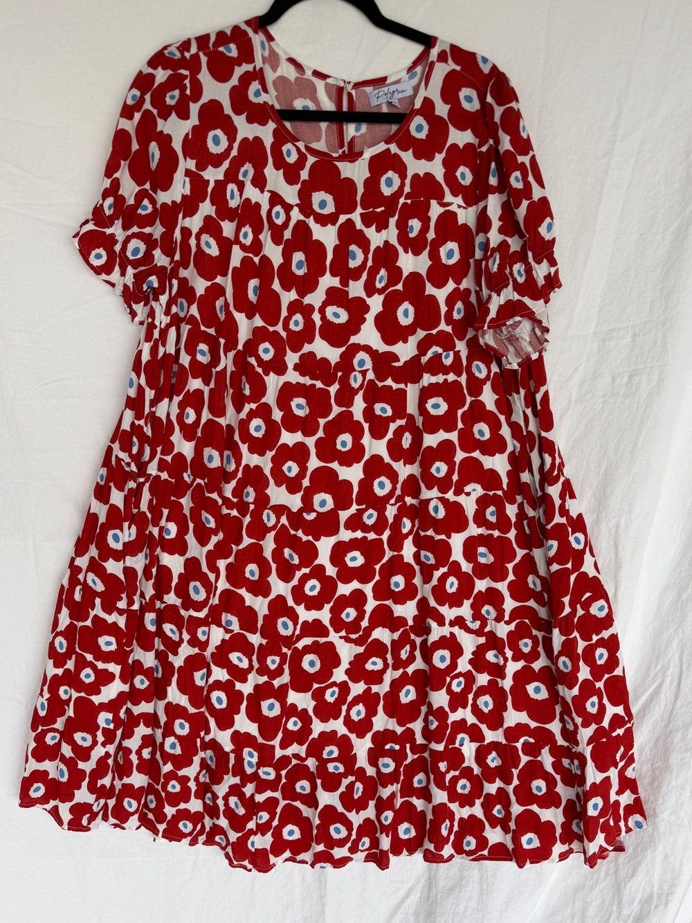 Polagram Red Floral Tiered woman’s  Dress with Blue Accents 1X